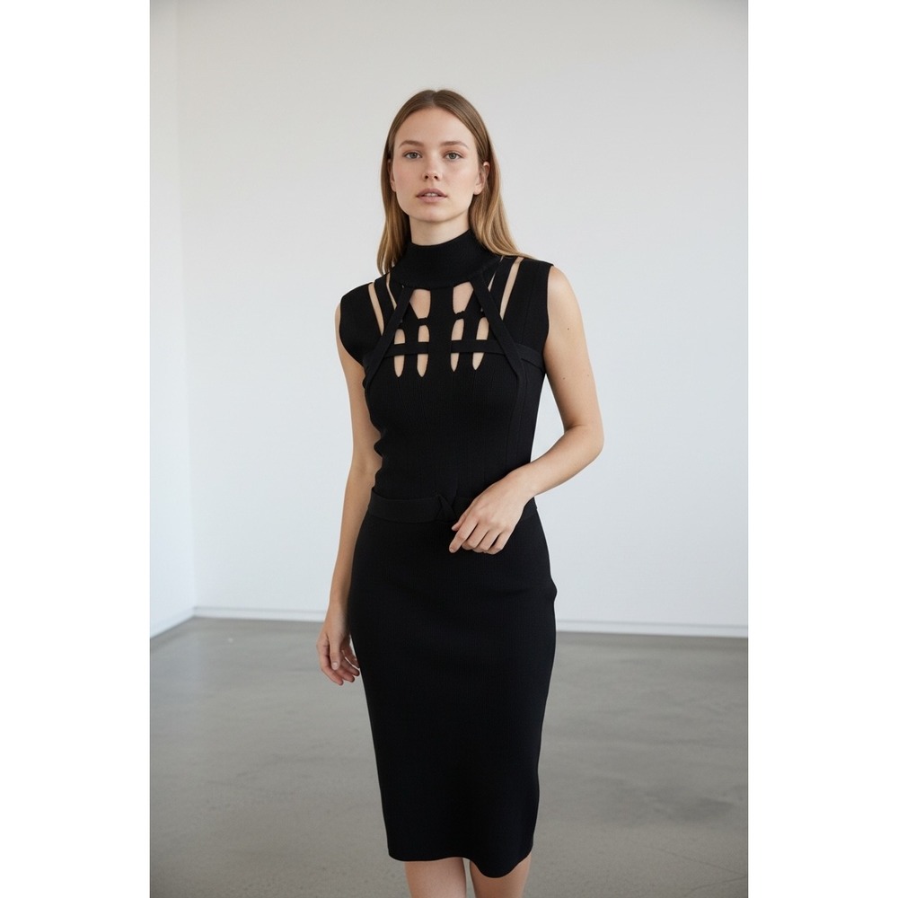 Vivienne Vivienne Tam Black Woven Cutout Mock Neck Wool Blend Midi Dress - S
